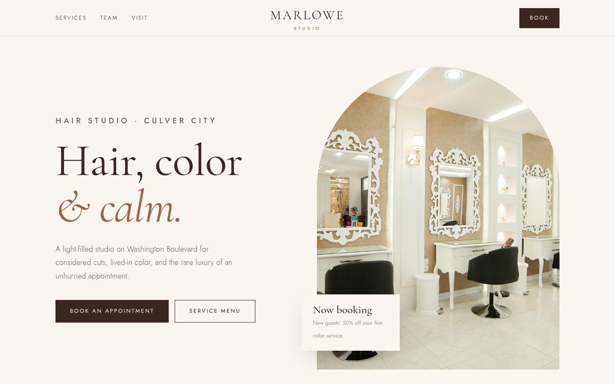Homepage of the hair salon sample site, Marlowe